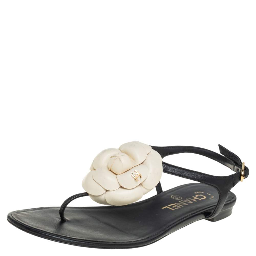 Chanel White Leather Camellia Flower Thong Sandals Size 7.5/38 - Yoogi's  Closet