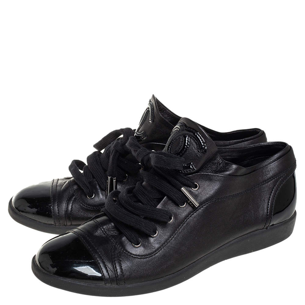 Chanel Black Patent Leather Low Top Sneakers Size 38