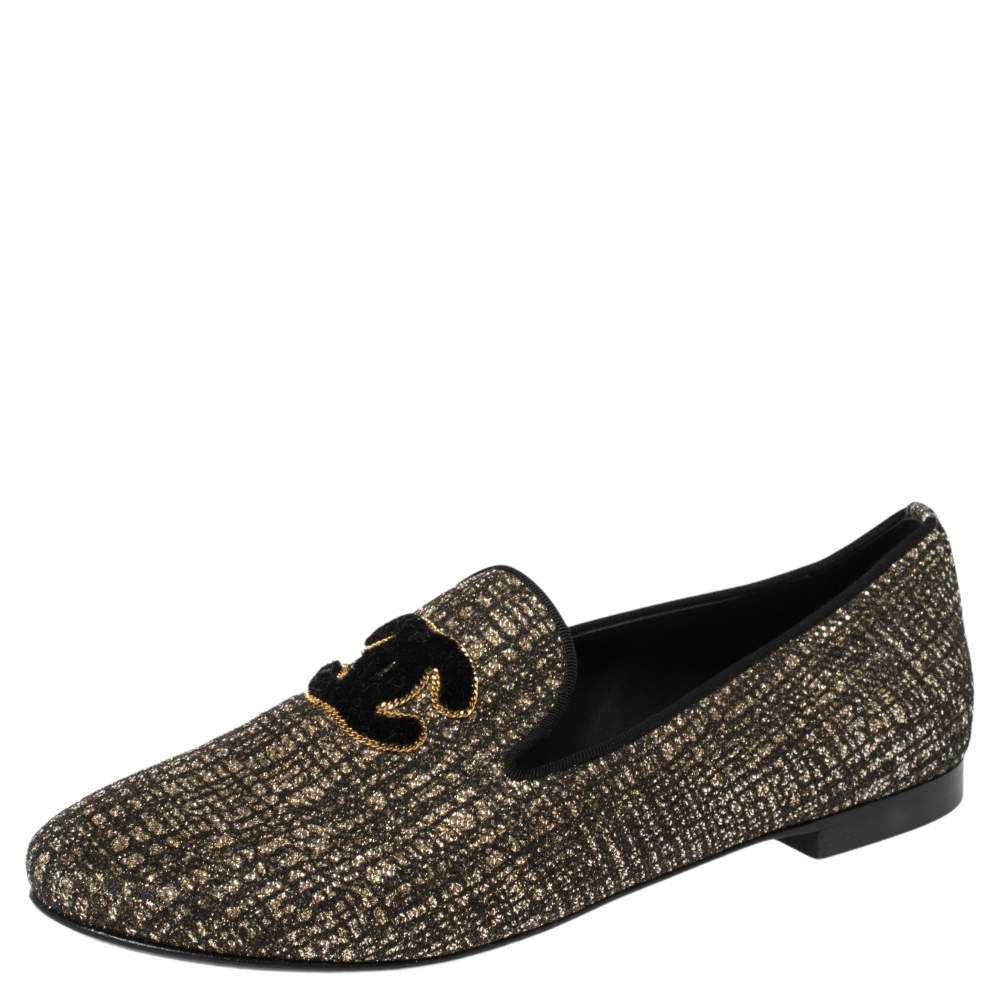 Chanel Shimmery Black Fabric CC Smoking Slippers Size 36.5