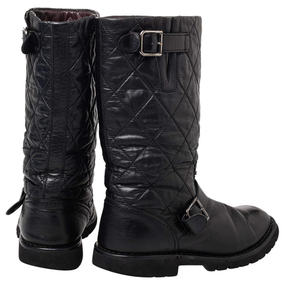 Chanel Black Quilted Coated Fabric And Leather Mid Calf Boots Size 38 Chanel