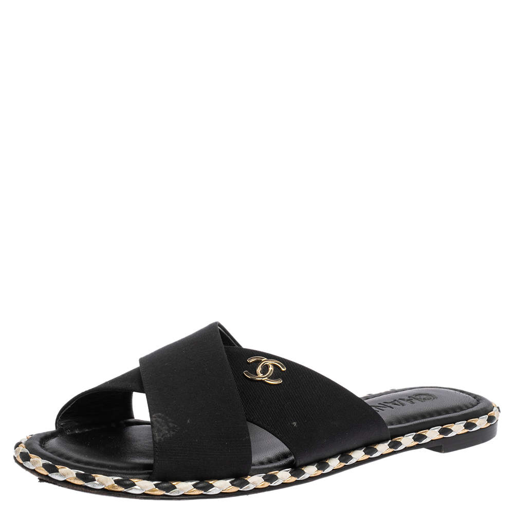 CHANEL Knit Braided Slide Sandals 38 Black 990432
