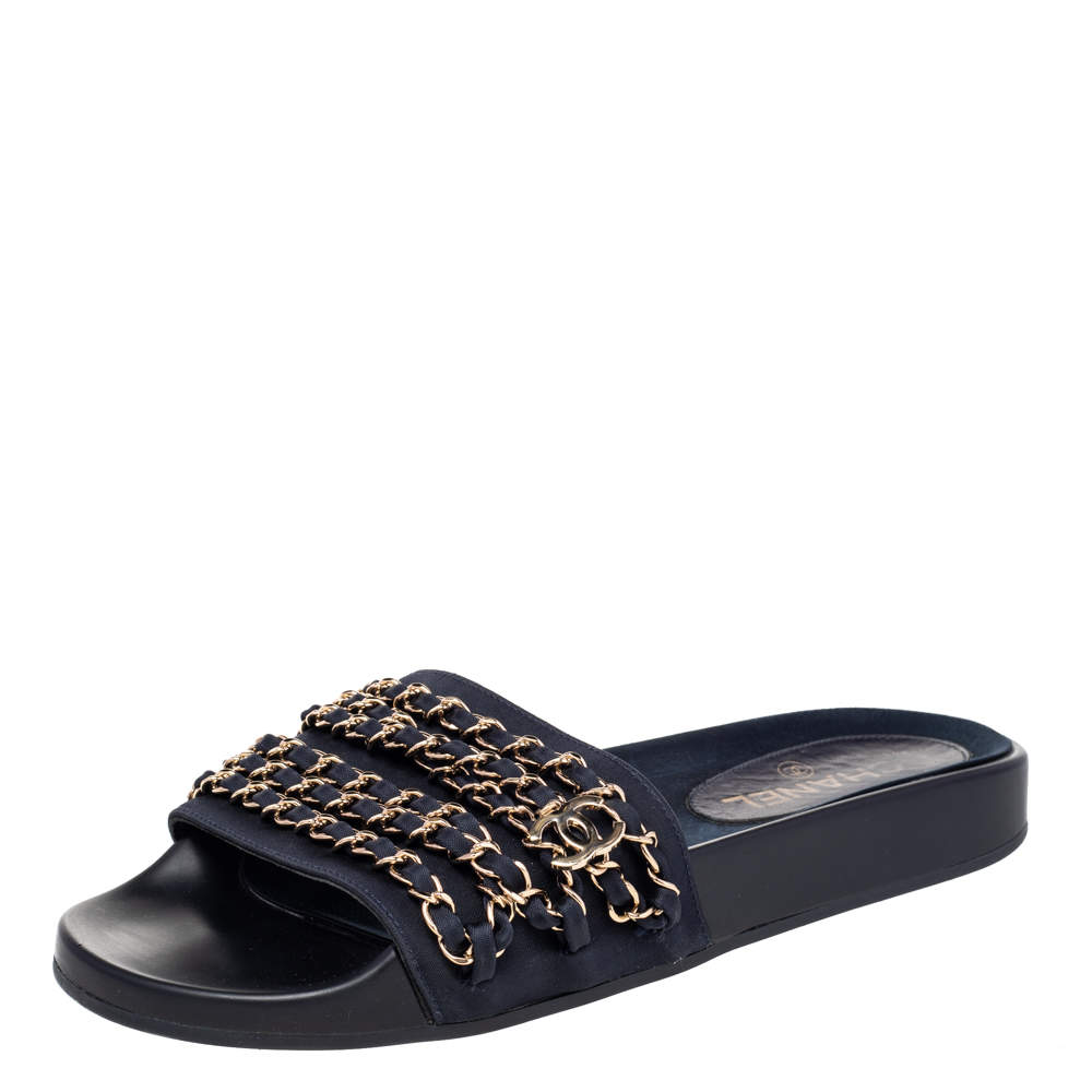 Chanel Navy Blue Fabric Tropiconic Chain Flat Slides Size 39 Chanel | TLC