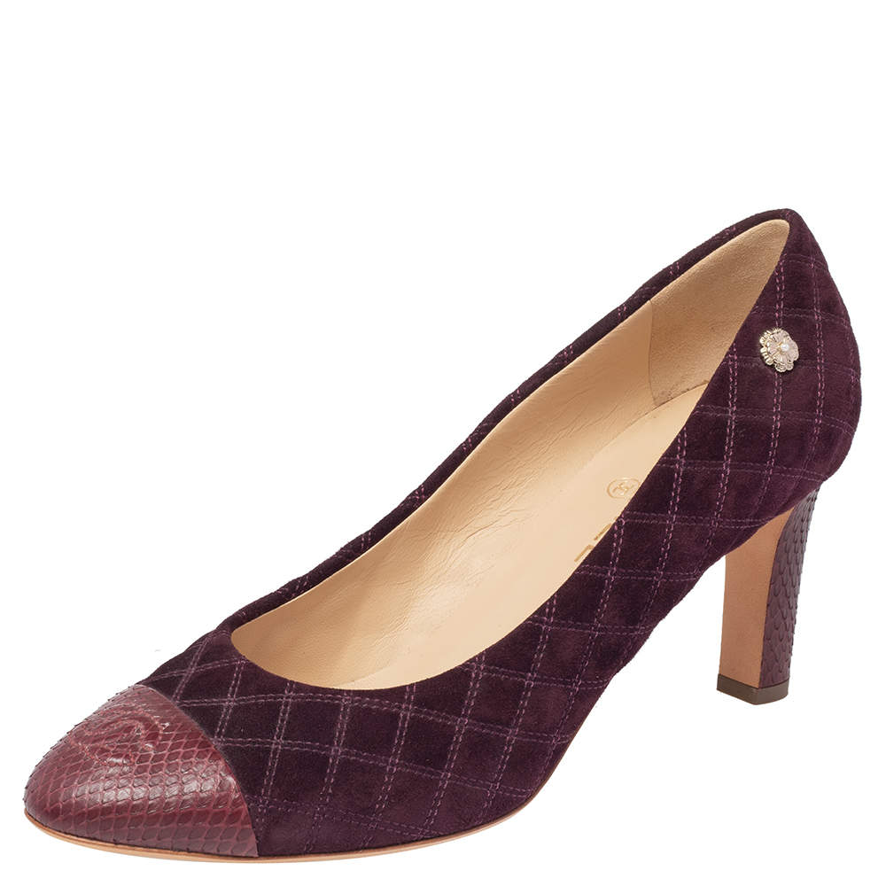 Pre Owned Chanel Burgundy Quilted Suede And Python Leather Cap Toe CC Pumps Size 41.5