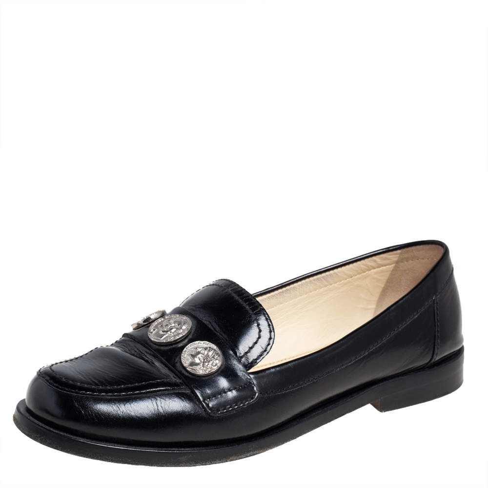 Chanel Black Leather Coin Embellished Slip On Loafers Size 37