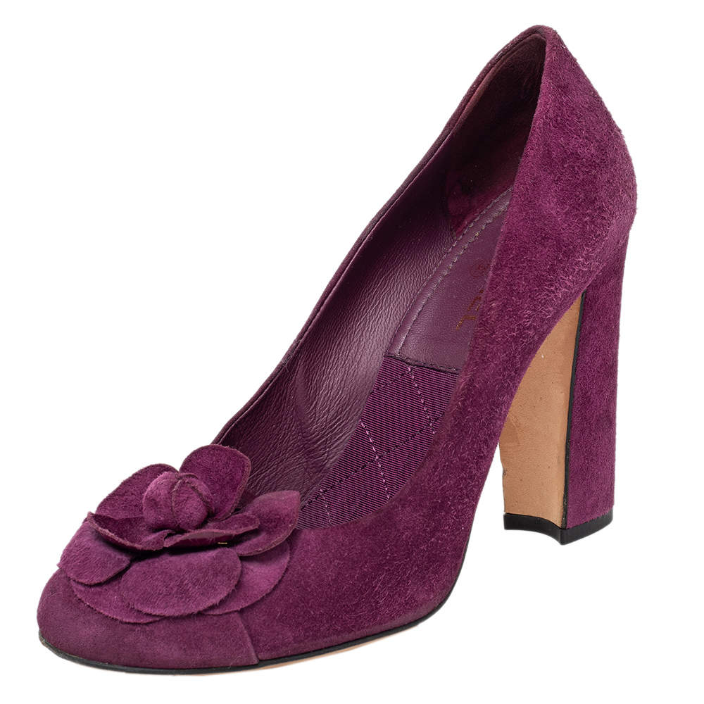 Pre Owned Chanel Purple Suede Camellia CC Block Heel Pumps Size 37