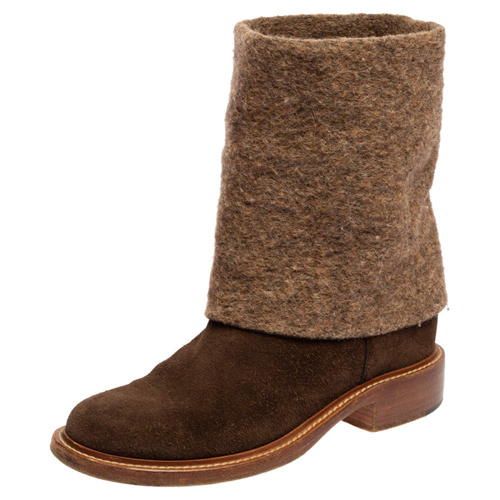 Chanel Brown Suede And Wool CC Mid Calf Boots Size 40