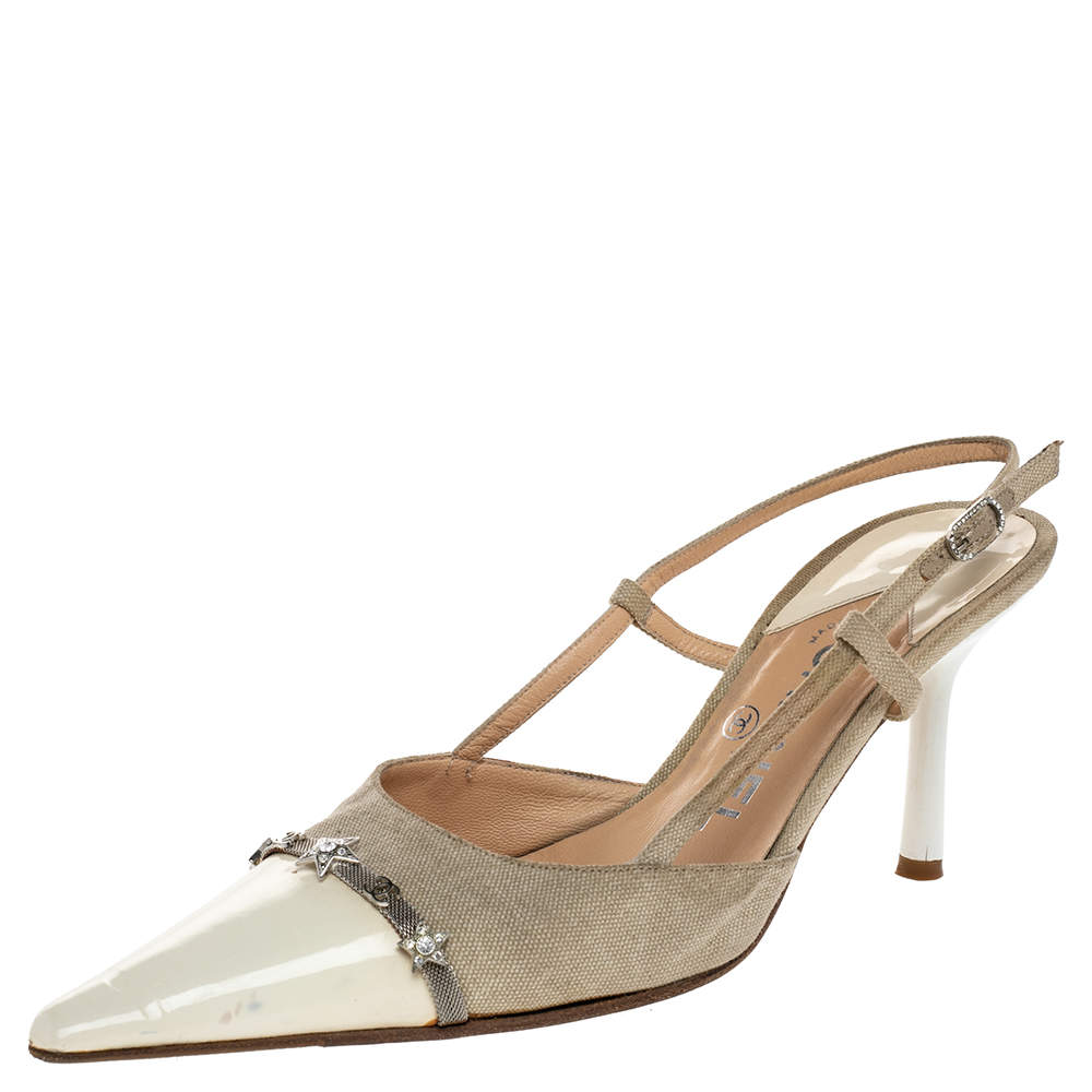 Chanel Cream Patent Leather And Canvas CC Embellished Slingback Sandals Size 38