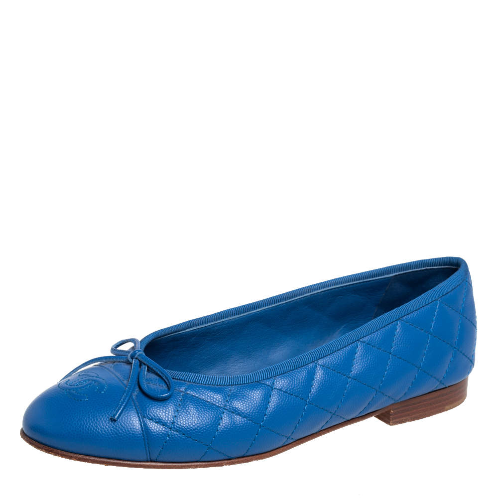 مملوكة مسبقًا Chanel Blue Quilted Caviar Leather CC Cap Toe Bow Ballet Flats Size 39