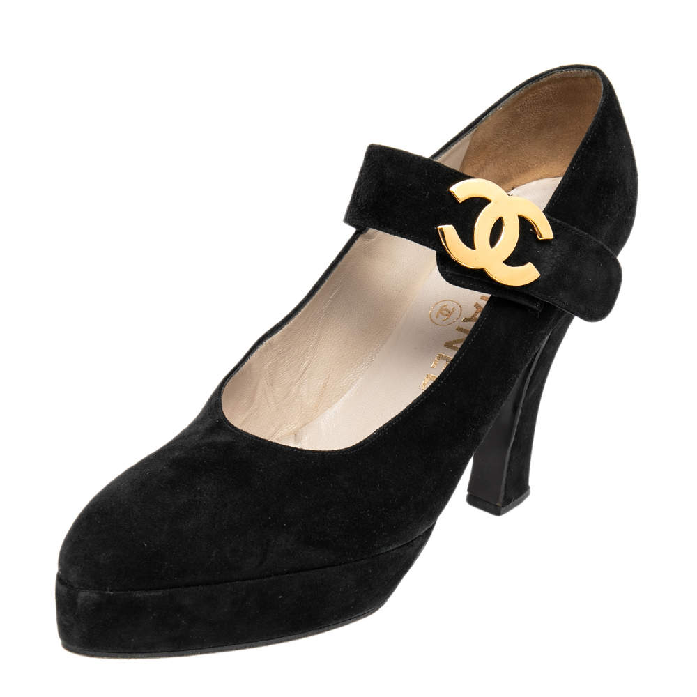 Pre Owned Chanel Vintage Black Suede CC Mary jane Platform Pumps Size 38