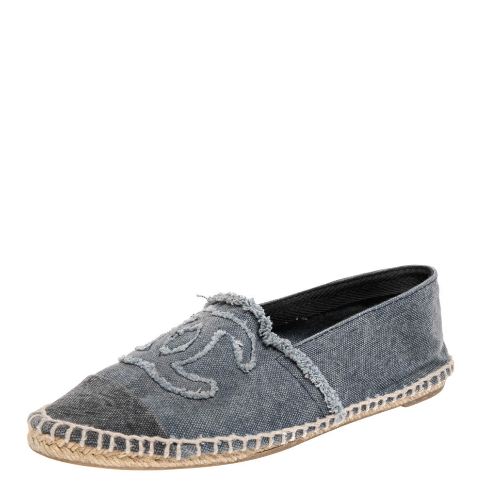 Pre Owned Chanel Grey Denim CC Espadrille Flats Size 36