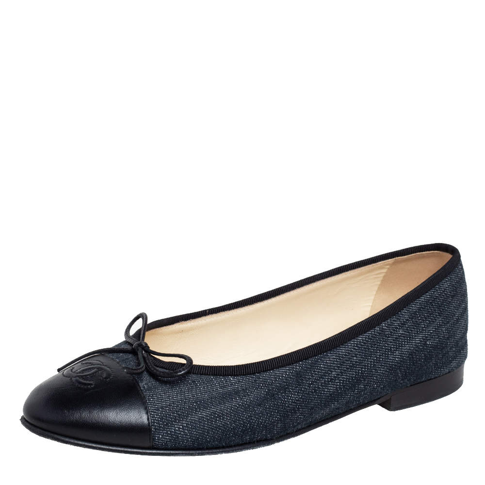 Chanel Blue/Black Leather and Denim CC Cap Toe Bow Ballet Flats Size 39