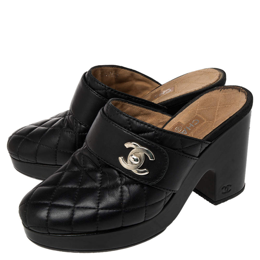 Chanel Black Quilted Leather CC Turnlock Clogs Size 38 Chanel | TLC