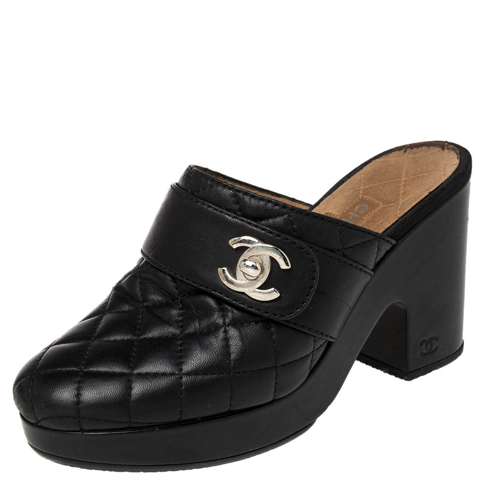 Chanel Black Quilted Leather CC Turnlock Clogs Size 38