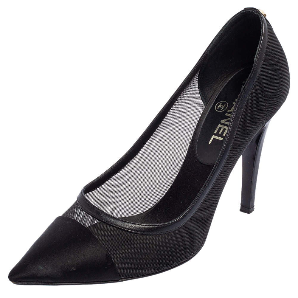 Chanel Black Mesh and Satin Pointed Cap Toe Pumps Size 37.5 