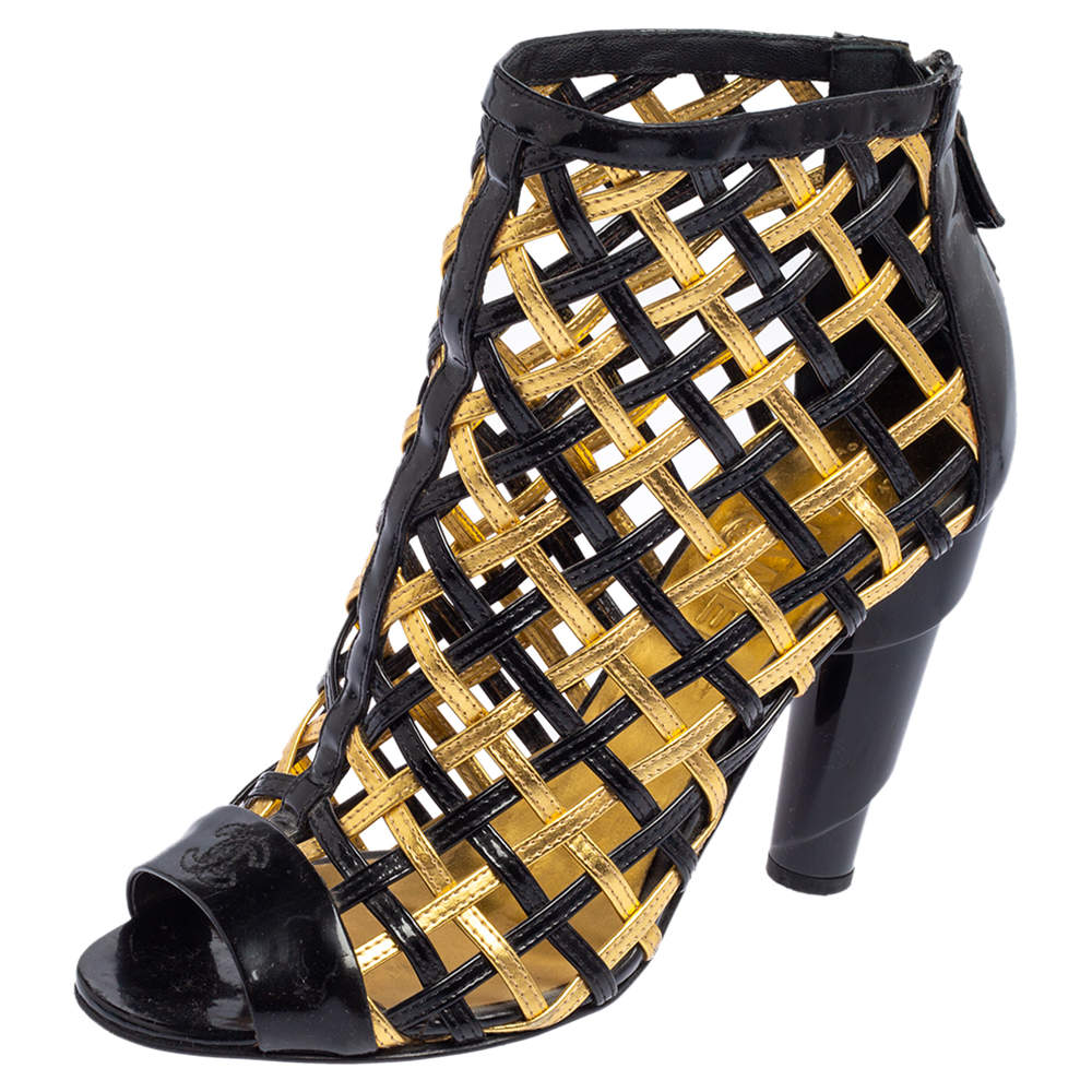 Chanel Black/Gold Woven Caged Patent Leather and Leather Open Toe Swirl Heel Booties Size 37.5