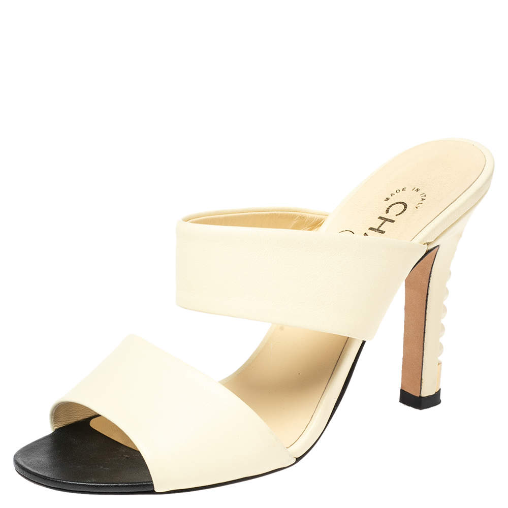 Chanel Cream Leather Pearl Embellished Heels Slide Sandals Size 37.5