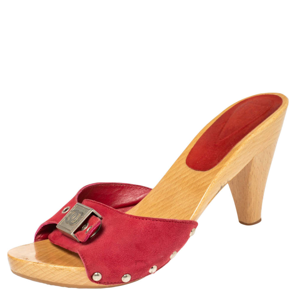 Pre Owned Chanel Red Suede CC Adjustable Buckle Wooden Clog Sandals Size 37 
