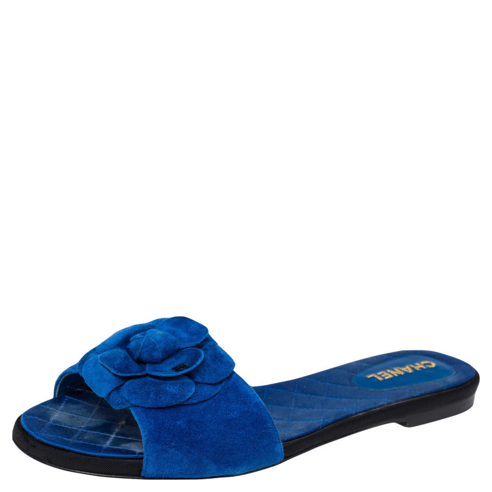 Pre Owned Chanel  Blue Suede Camellia  Flat Sandals Size 39