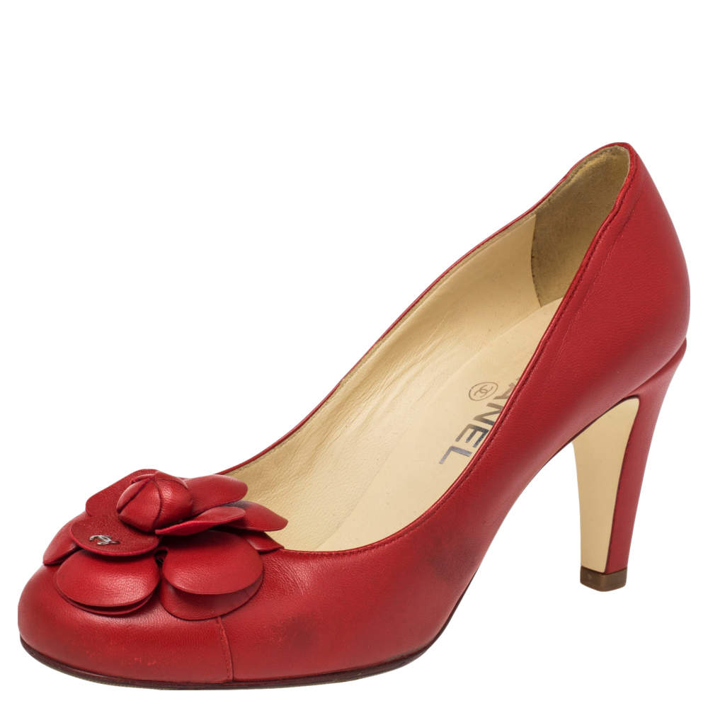 Chanel Red Leather Camellia  Pumps Size 38