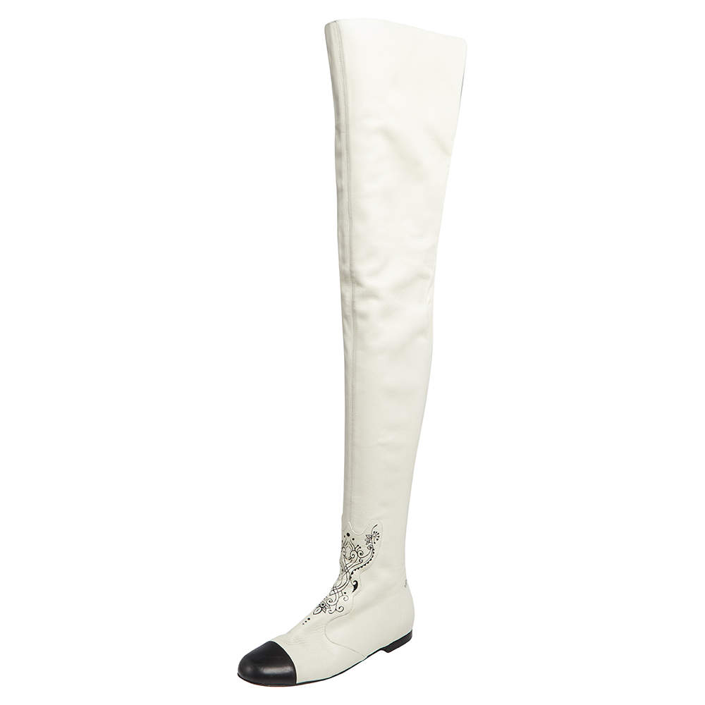 Chanel White Leather Cap Toe Thigh Over Knee High Boots Size 38