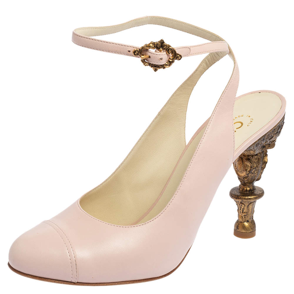 Pre Owned Chanel Beige Leather Cap Toe Carved Heel Ankle Strap Pumps Size 41.5