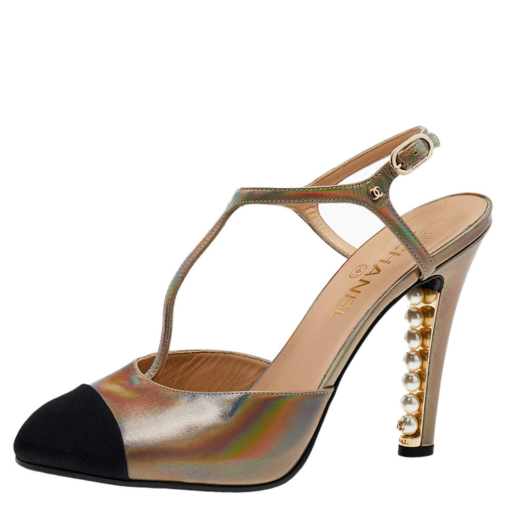 Chanel Multicolor Iridescent Leather And Fabric CC Pearl Embellished T Strap Sandals Size 40 