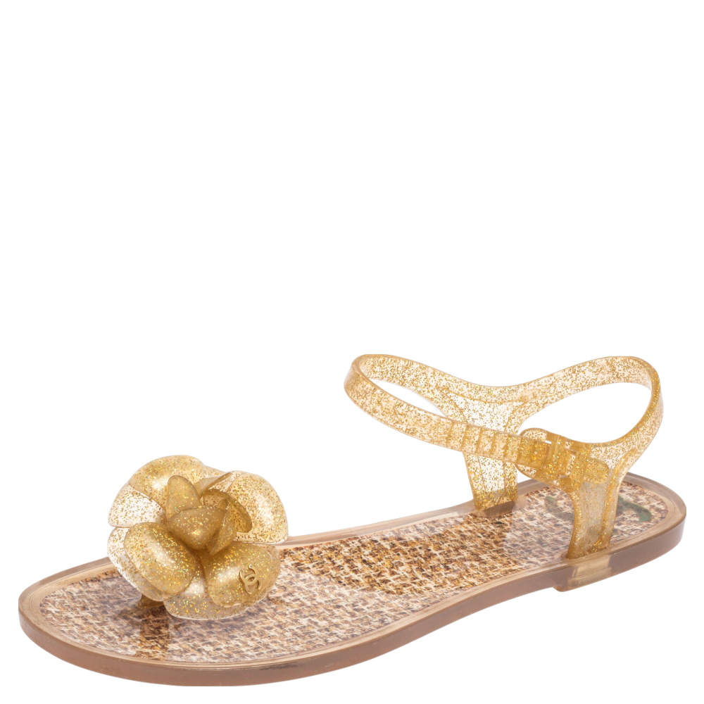 Chanel Gold Glitter Jelly CC Camellia Flat Sandals Size 36