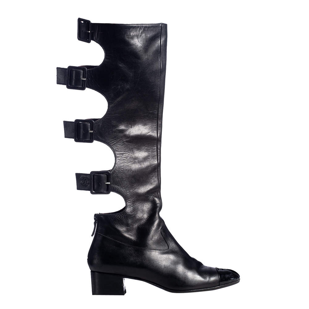 Chanel Black Leather Knee High Boots Size EU 39.5