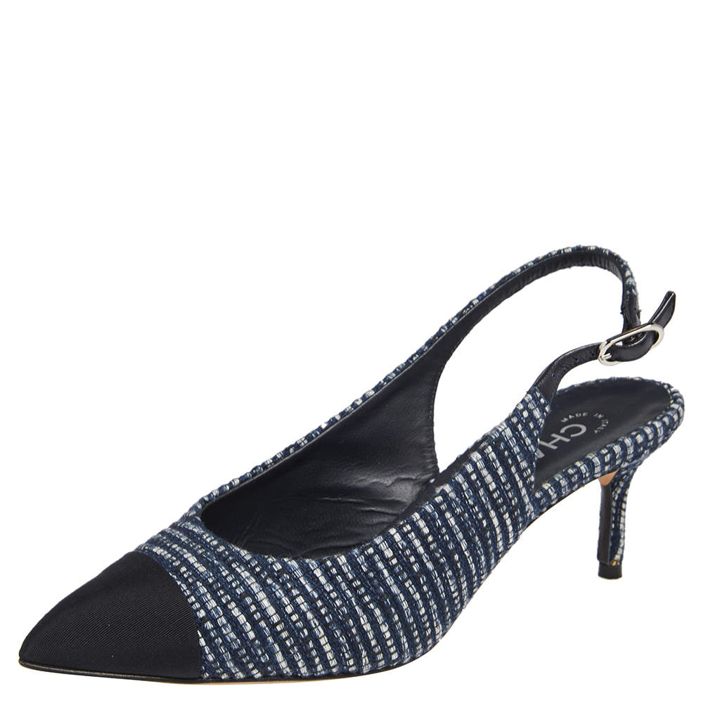 Pre Owned Chanel Blue/Black Tweed Cap Toe Slingback Pumps Size 39