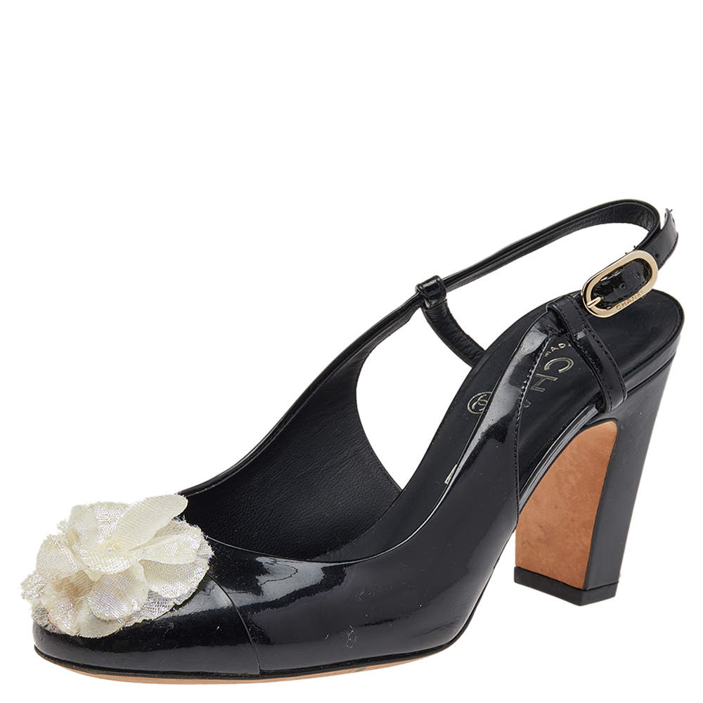 Chanel Black Patent Leather Camellia Embellished Slingback Sandals Size 36.5