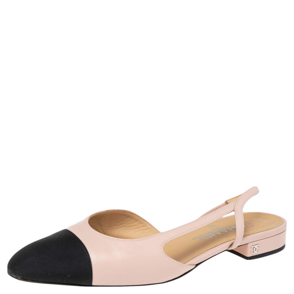 Pre Owned Chanel Beige Leather And Canvas Cap Toe Slingback Flats Sandals Size 39