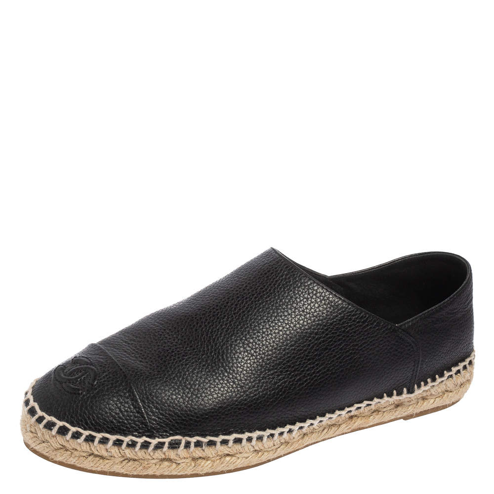 Pre Owned Chanel Black Leather CC Cap Toe Slip On Espadrille Flats Size 40