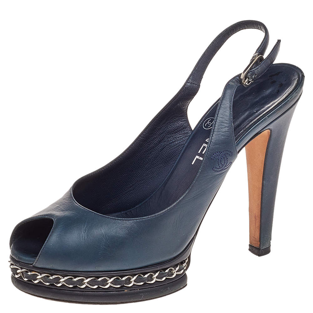Chanel Blue Leather Chain Platform Slingback Sandals Size 37