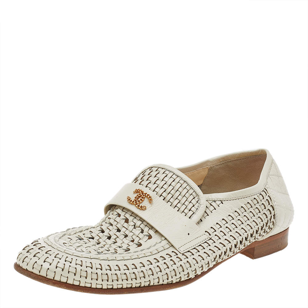 Chanel Cream Woven Leather CC Slip On Loafers Size 38