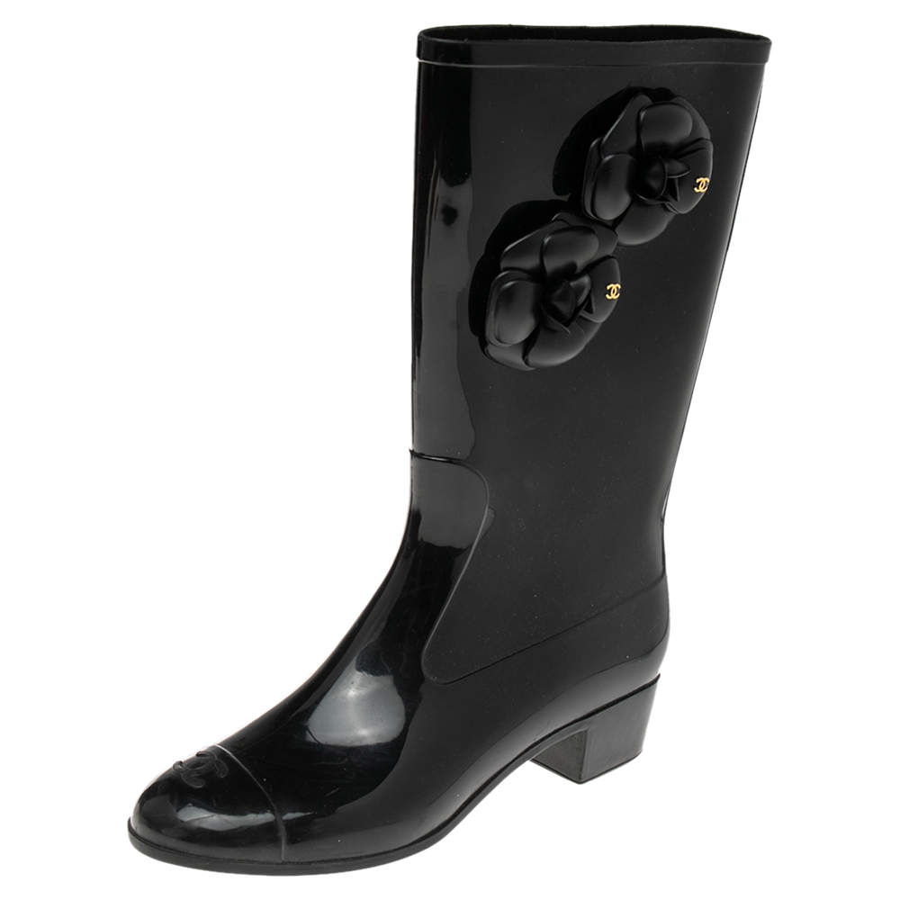 Chanel Black Camellia  Rubber Rain Boots Size 41