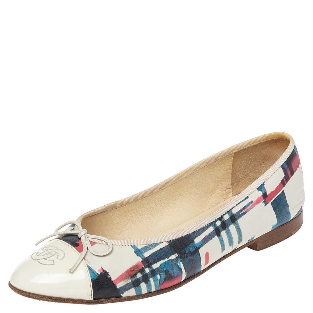 Chanel Multicolor Patent Leather And Leather Cap Toe CC Bow Ballet Flats Size 40