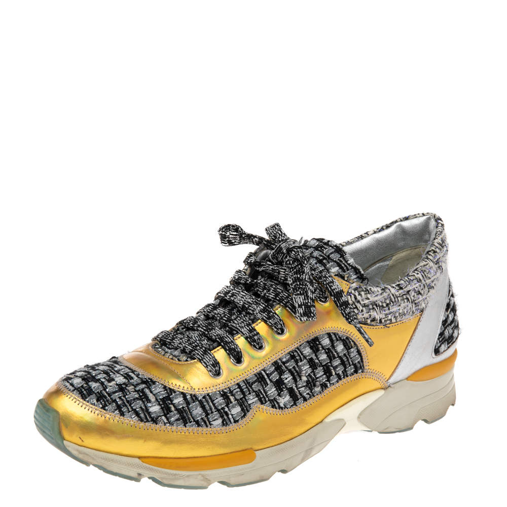 Pre Owned Chanel Multicolor Tweed And Leather Lace Up Sneakers Size 38.5