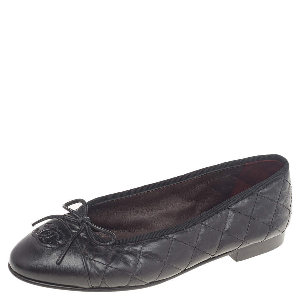 Chanel Black Quilted Leather Bow CC Cap Toe Ballet Flats Size 36 Chanel ...