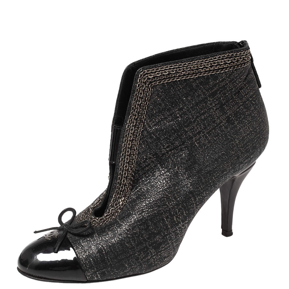 Chanel Black Shimmery Suede And Patent Leather CC Cap Toe Ankle Boots Size 38