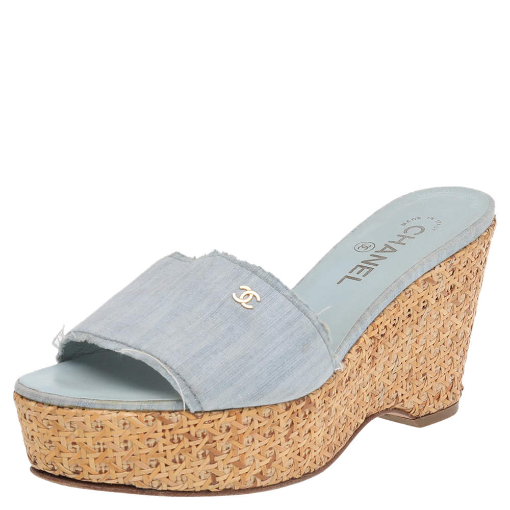 Chanel Blue Fabric Open Toe Raffia Wedge Platform Slide Sandals Size 38.5