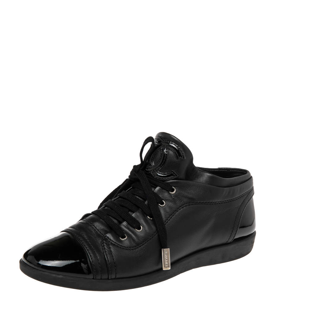  Chanel Black Patent And  Leather CC Lace Up Sneakers Size 39