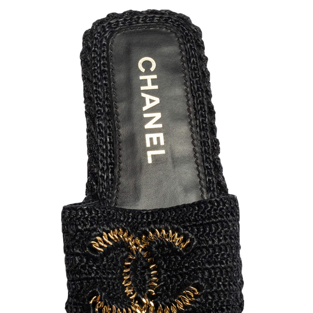 Chanel Black Woven Raffia Interwoven CC Flat Slides Size 38