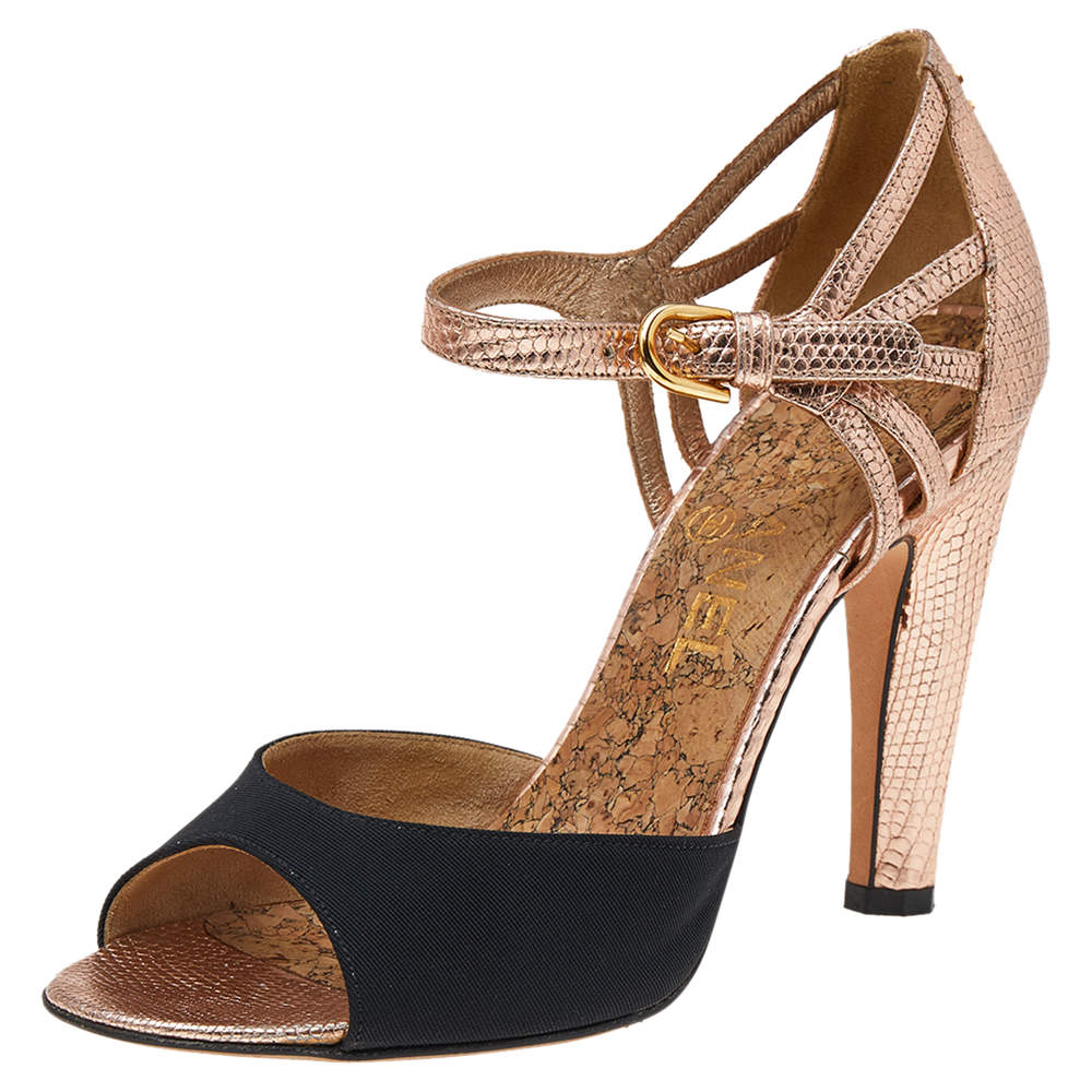 Chanel Metallic Bronze-Black Canvas And Textured Leather CC Ankle Strap Sandals Size 37