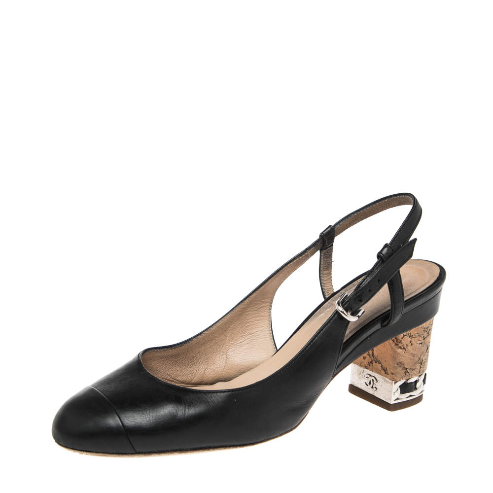 مملوكة مسبقًا Chanel Black Leather CC Cap Toe Slingback Pumps Size 36.5