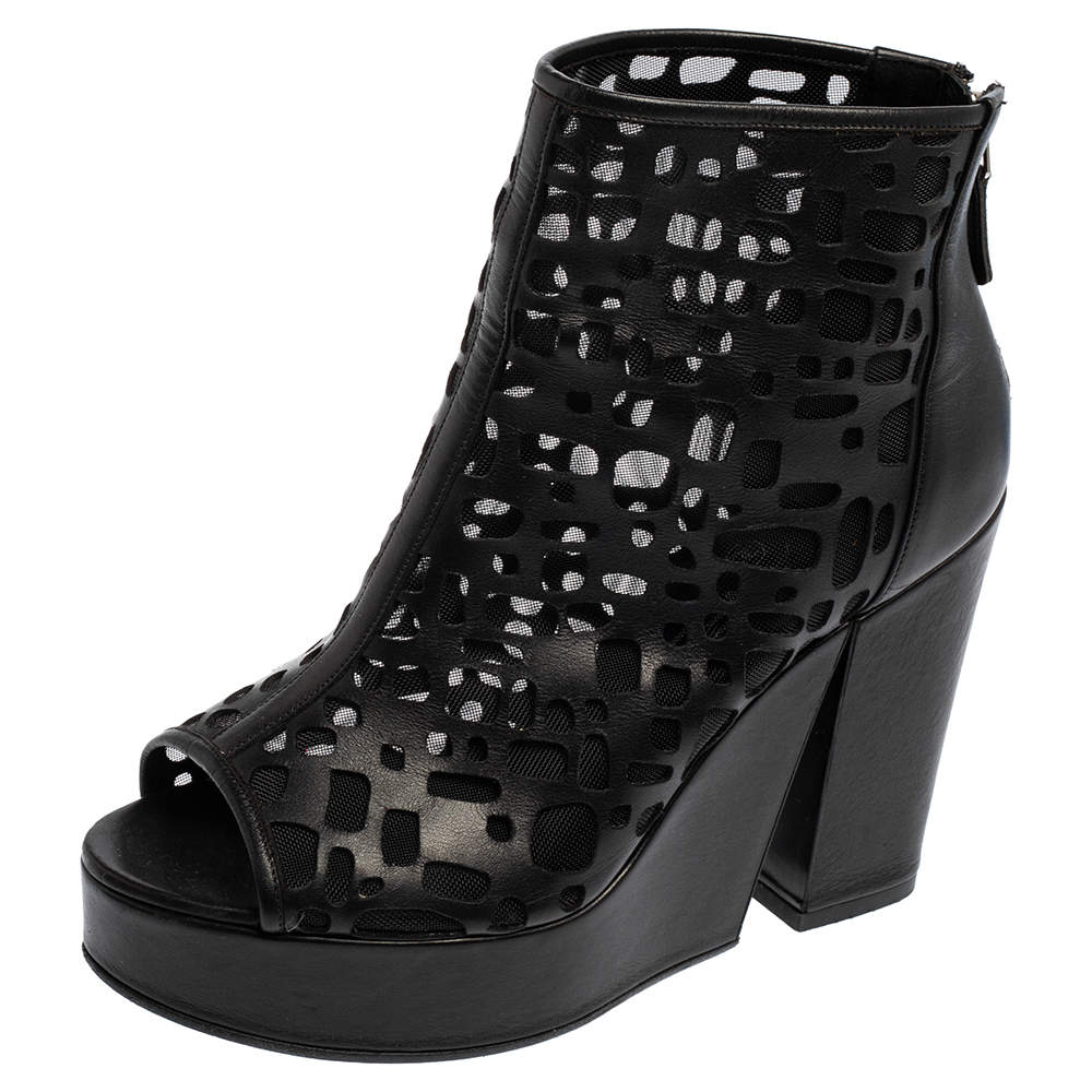Pre Owned Chanel  Black Leather and Mesh Cut-Out Peep Toe Platform Ankle Boots 38.5