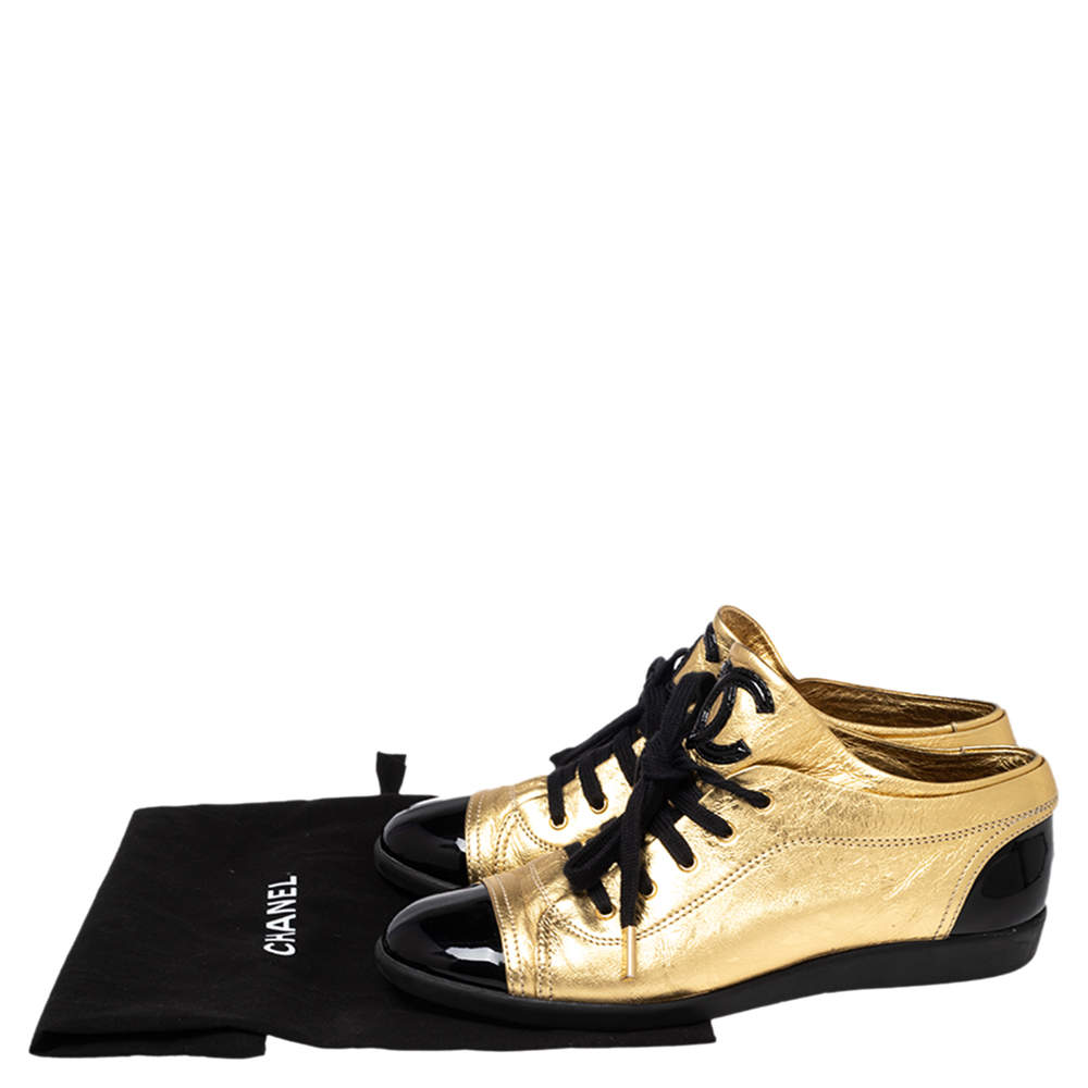 Chanel Black/Gold Tweed and Patent Leather CC High Top Sneakers