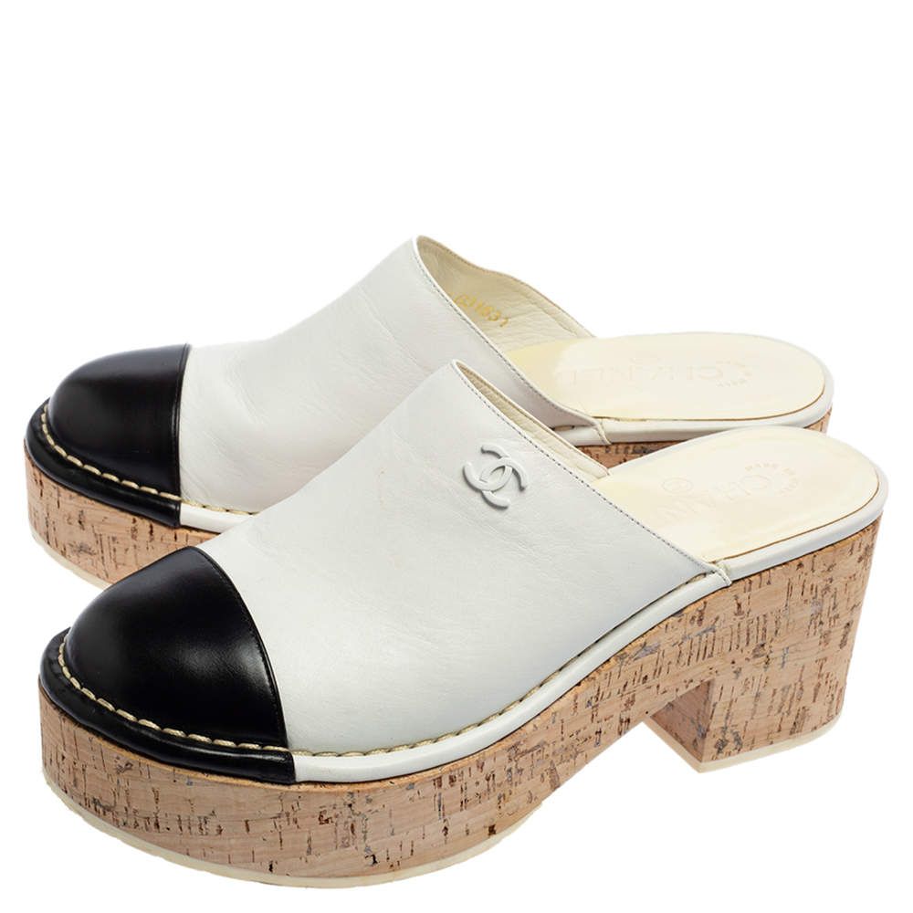Chanel White/Black Leather CC Cap Toe Cork Platform Mule Sandals Size 40  Chanel