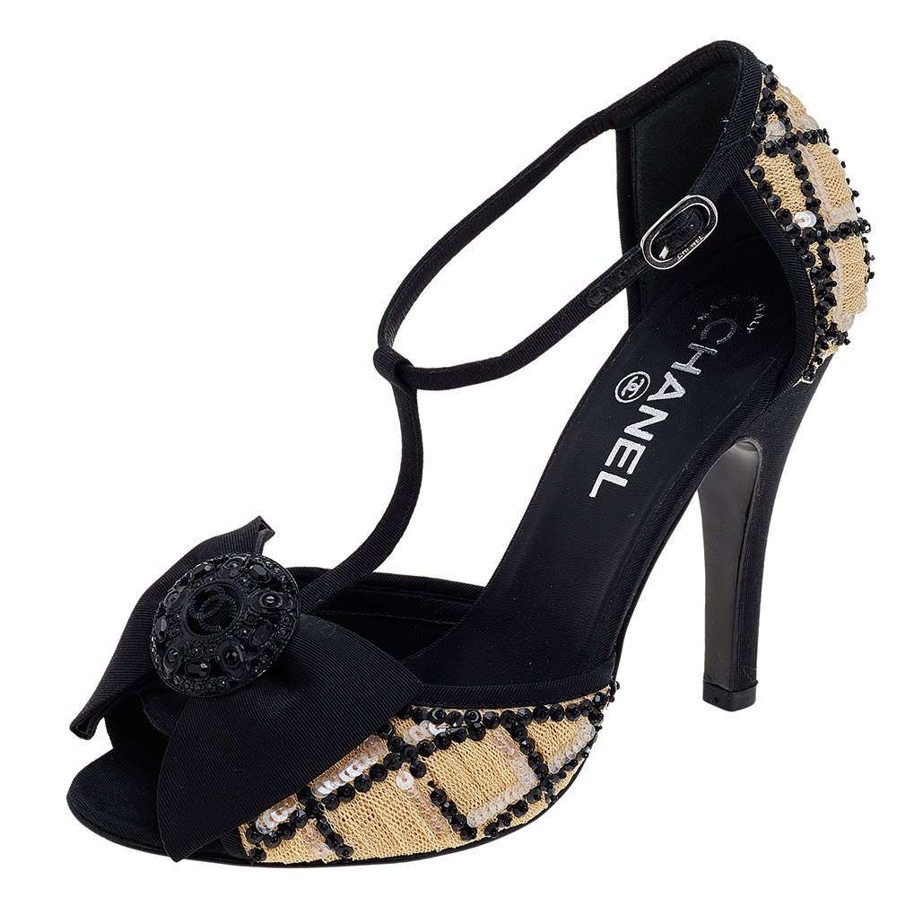 Chanel Beige/Black Mesh And Fabric Ankle Strap Sandals Size 38