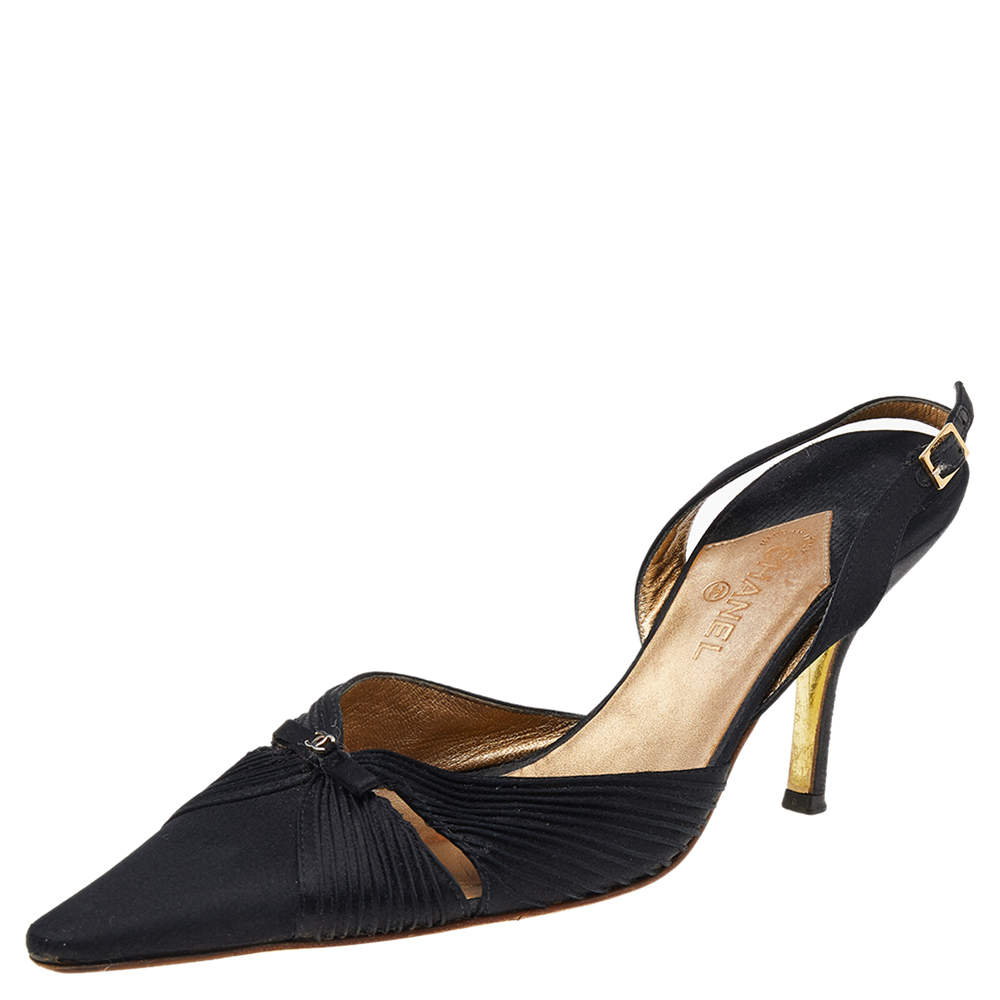 Chanel Black Satin Slingback Sandals Size 38