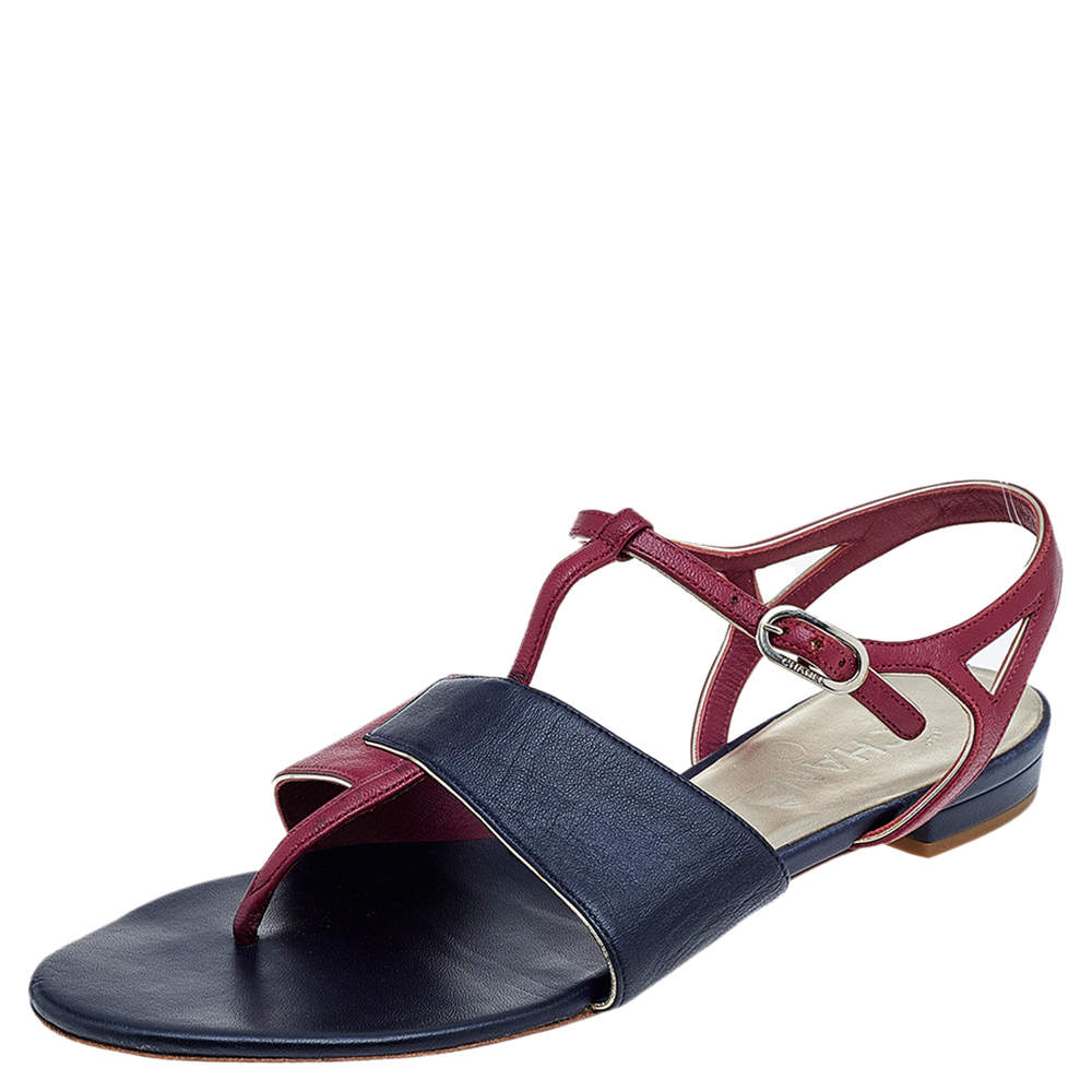 Chanel Burgundy/Black Leather CC T-Strap Sandals Size 39.5